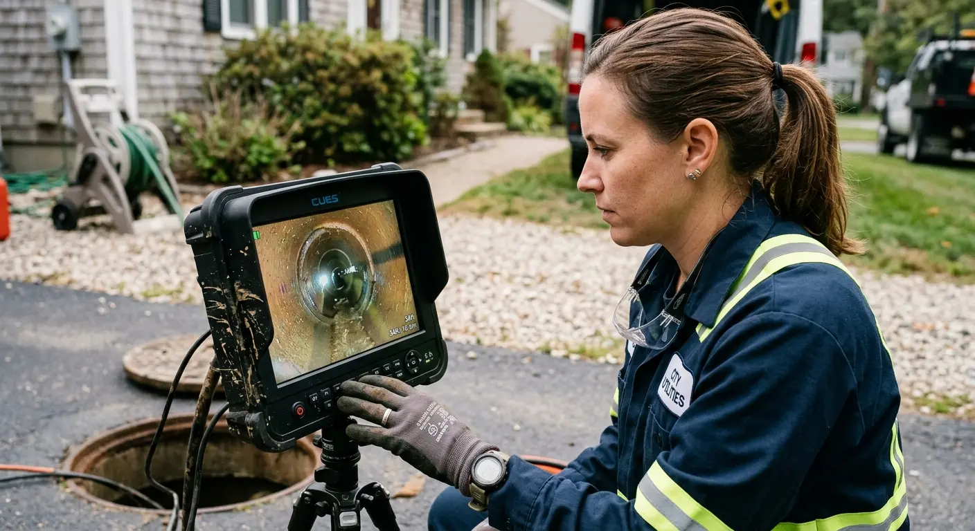 Technician reviewing sewer camera inspection footage in Sunset
