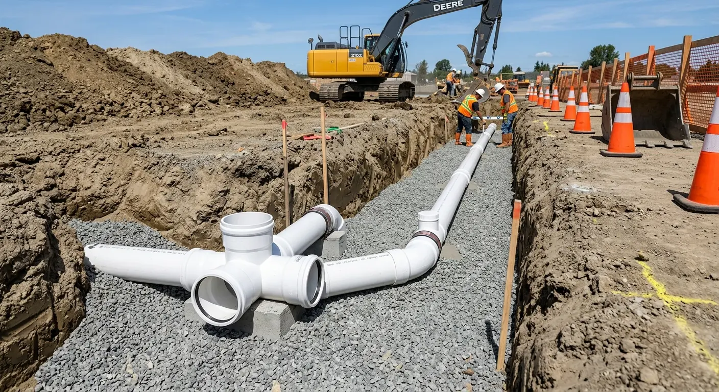 New PVC sewer pipe installation in open trench for Grease Trap Cleaning in Sunset