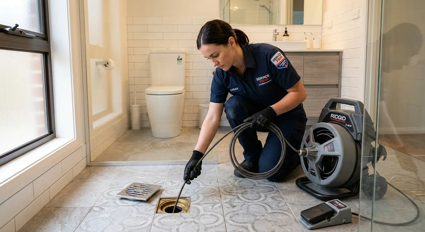 Technician clearing a bathroom floor drain for Sewer Line Installation in Sunset